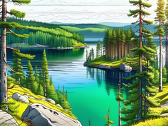 karelia-landscape-with-photorealistic-brightly-colored-lake-encircled-by-green-pine-trees-ultra-hd-1