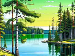 karelia-landscape-with-photorealistic-brightly-colored-lake-encircled-by-green-pine-trees-ultra-hd-1