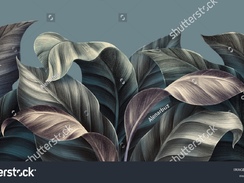 stock-photo-blue-vintage-tropical-leaves-in-seamless-border-design-premium-wallpaper-luxury-silver-g