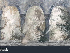 stock-photo-drawn-tropical-exotic-plants-and-leaves-among-the-columns-floral-background-for-mural-wa