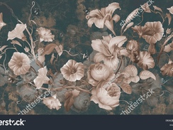 stock-photo-flowers-illustration-on-dark-concrete-grunge-wall-loft-modern-classic-baroque-rococo-des