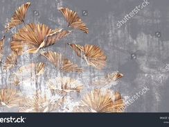 stock-photo-gold-art-painted-leaves-on-a-gray-worn-texture-background-photo-wallpaper-in-the-interio