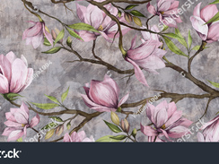 stock-photo-magnolia-branch-on-a-textured-background-pastel-colors-and-black-accents-photo-wallpaper