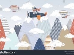 stock-photo-children-s-picture-of-a-mountain-with-a-bear-on-a-plane-for-digital-printing-wallpaper-c