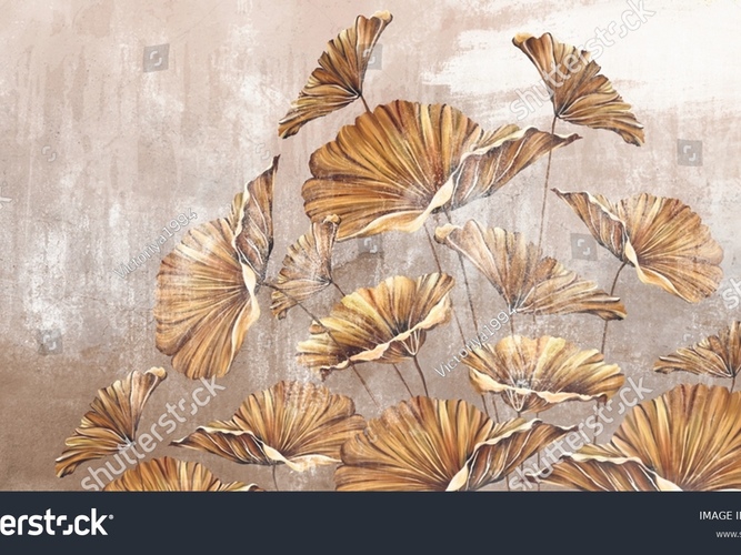 stock-photo-art-painted-golden-leaves-in-pastel-technique-on-a-texture-wall-photo-wallpaper-in-the-interior-2109757289